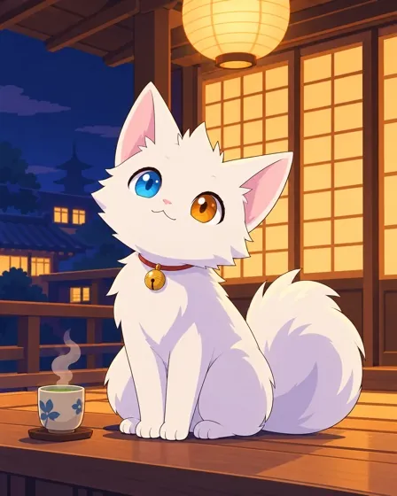 Shiro, a white fox-cat, sitting on a veranda at night beside a cup of tea